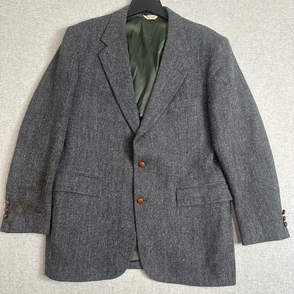 VTG Pure Wool Tweed Blazer Mens 43L Gray Herringbone Made in USA Two Button FLAW
